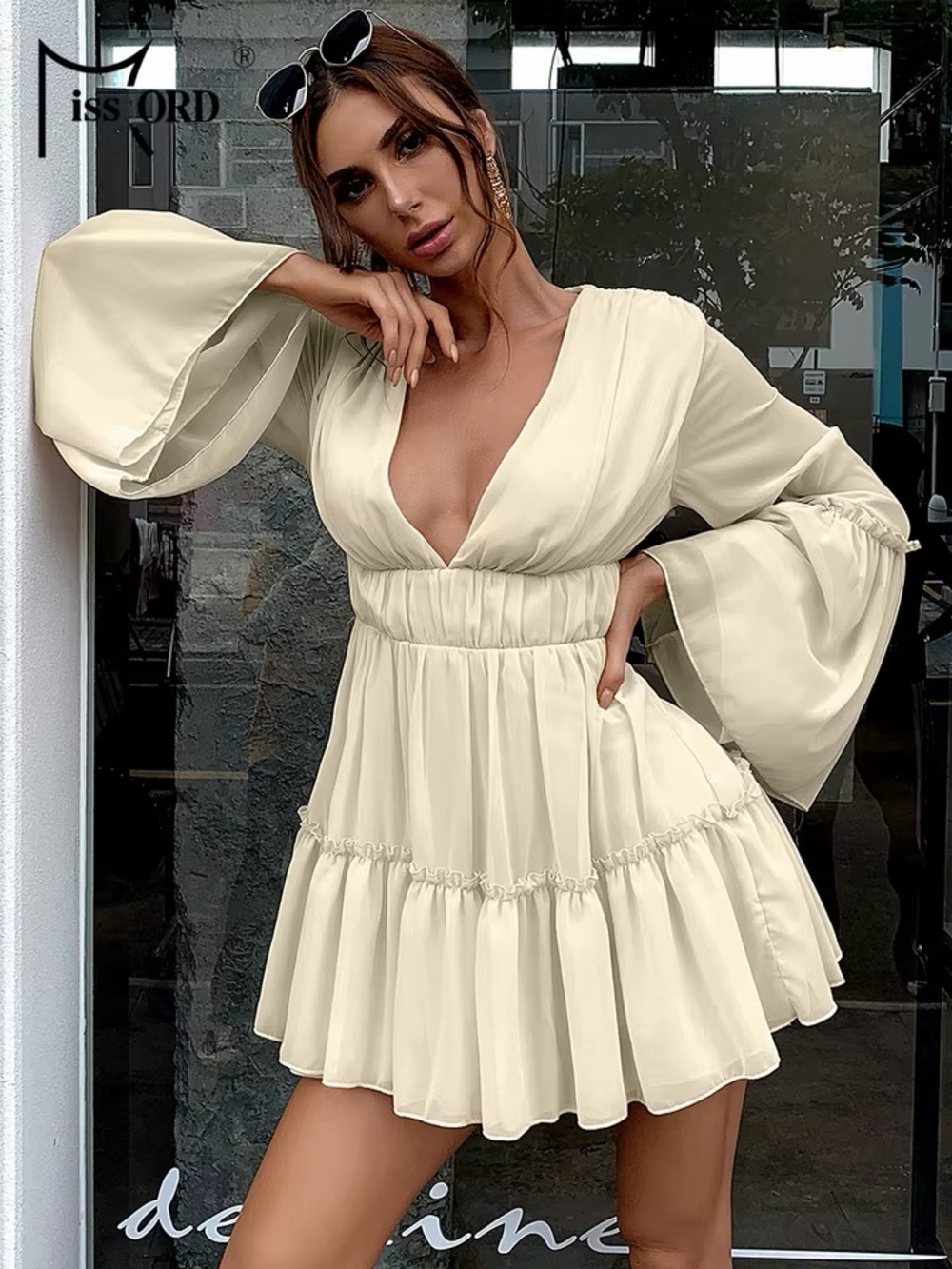 MIssord NWOT Cream Deep-V Tiered Mini Dress